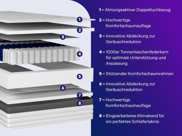 Traumnacht Exklusiv 7-Zonen 1. 000er Tonnentaschenfederkernmatratze mit Komfortauflage, 23 cm Premiumhöhe, Öko-Tex zertifiziert, Härtegrad 2 (H2), 100x220 cm, entwickelt in Deutschland Bild 5