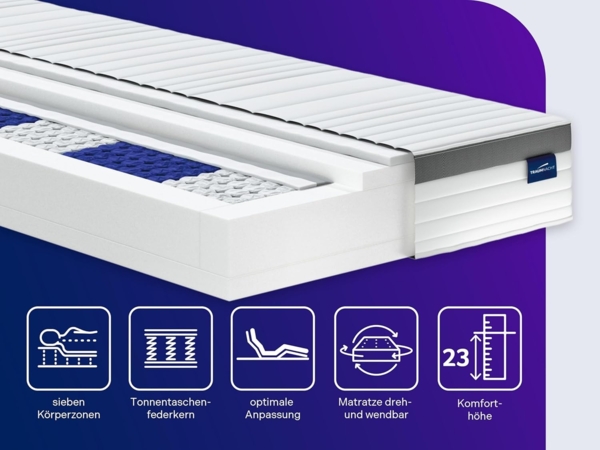Traumnacht Exklusiv 7-Zonen 1. 000er Tonnentaschenfederkernmatratze mit Komfortauflage, 23 cm Premiumhöhe, Öko-Tex zertifiziert, Härtegrad 2 (H2), 100x220 cm, entwickelt in Deutschland Bild 6