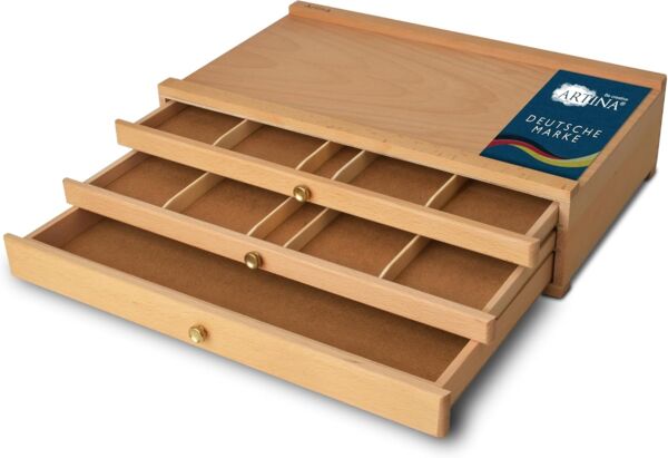 Artina Aufbewahrungsbox Malkoffer leer Troyes mit 3 Schubladen (BxTxH), 41x26x11cm, Utensilienkoffer Holzkoffer aus Buchenholz - Malkoffer