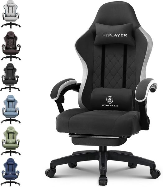 GTPLAYER Gaming Stuhl Ergonomischer Gaming Sessel Schreibtischstuhl mit Stoffoberfläche, Federsitzkissen, Verbindungsarmlehnen und Fußstütze schwarz