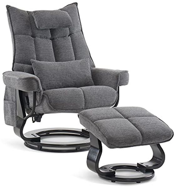 M MCombo Relaxsessel mit Hocker, Drehbare Fernsehsessel mit Liegefunktion, Moderner TV-Sessel Stuhl für Wohnzimmer, mit Kissen & Seitentasche, Stoff, 9076