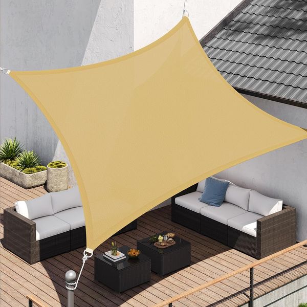 Songmics Sonnensegel 3x4 m, Sonnenschutz aus HDPE-Gewebe, luftdurchlässig, wasserdurchlässig, für Terrasse, Garten, Balkon, Camping, rechteckig, konkav, 2 m Seile, sandgelb GSS34EYV1