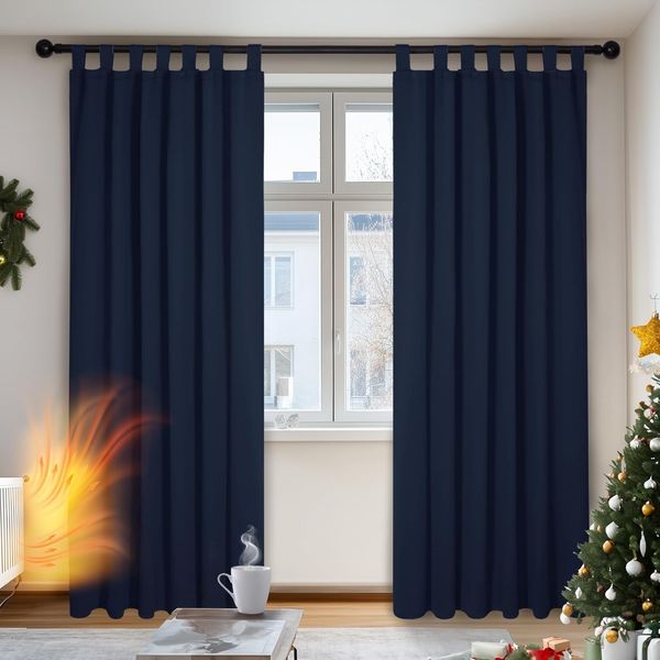 Deconovo Vorhang Gardinen Blickdicht Verdunkelungsvorhang Schlaufen Thermo gegen Kälte, 245x140 cm(HöhexBreite), Dunkelblau, 2er Set