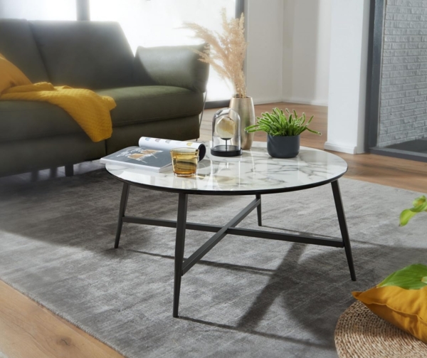 FineBuy Couchtisch, Weiß Marmoroptik Rund, 88 x 37 x 88 cm