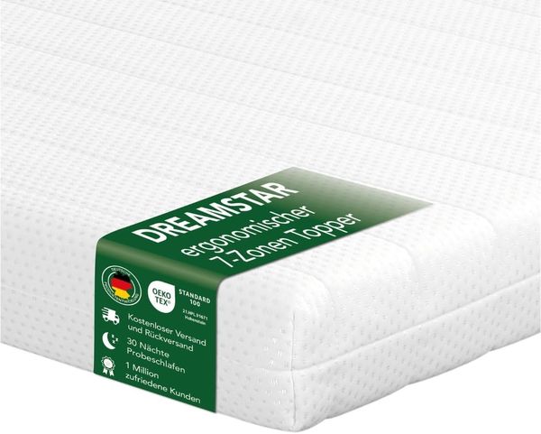 Dreamstar, Topper Easy Flex, ergonomischer 7-Zonen Matratzentopper zum Wenden, 10 cm hoch, Duo Härtegrad H2 und H3, verschiedene Größen, Komforthöhe 10 cm