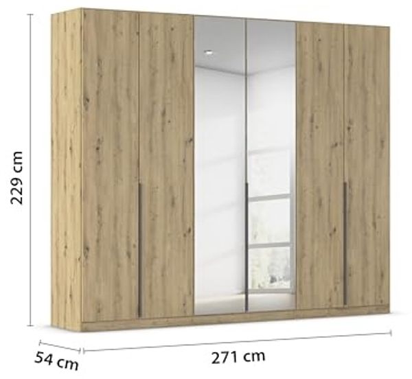 Rauch Möbel Alabama, Kleiderschrank, Garderobenschrank, 6-türig, Spiegel, Zubehör Classic, 3 Kleiderstangen, 9 Einlegeböden, Farbe Eiche Artisan, Holz, Griff Grau metallic, 271 x 229 x 54 cm Bild 3
