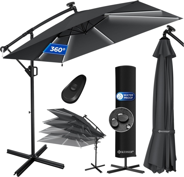 KESSER® 'Holly' Ampelschirm mit LED Solar und Ständer, inkl. Abdeckung und Windsicherung mit Kurbel, Aluminium anthrazit, Ø 350 cm