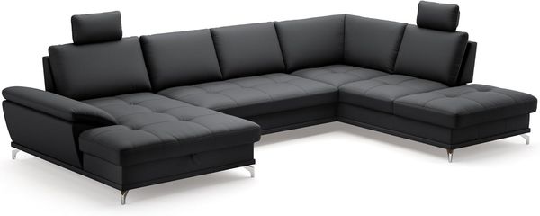 Cavadore Wohnlandschaft Castiel mit Federkern / Sofalandschaft mit XL-Longchair, Bett, Bettkasten, Sitztiefenverstellung, Kopfstützen und Metallfüßen / 363x89-104x223 / Echtleder, Schwarz