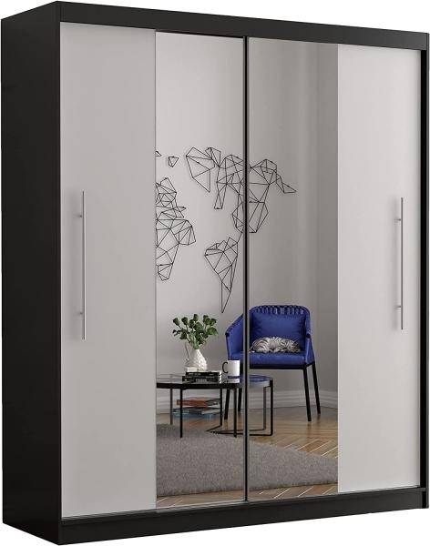 Schiebetürenschrank, eleganter Kleiderschrank Schrank Garderobe Spiegel Torino, Schlafzimmer- Wohnzimmerschrank Schiebetüren Modern Design (Schwarz/Weiß)