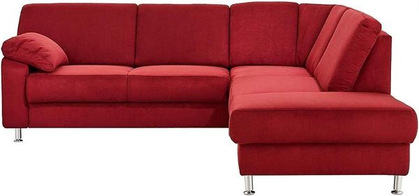 Cavadore Ecksofa Belfast mit Ottomane rechts / Polsterecke mit Federkern / inkl. Vorziehsitz und Bettkasten / 243 x 88 x 218 / Mikrofaser Dunkelrot