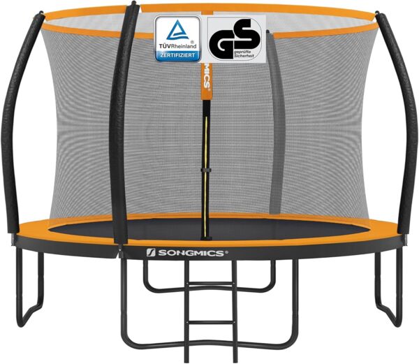 Songmics Trampolin mit Leiter, Sicherheitsnetz und gepolsterten Stangen, Stahl orange, Ø 366 cm