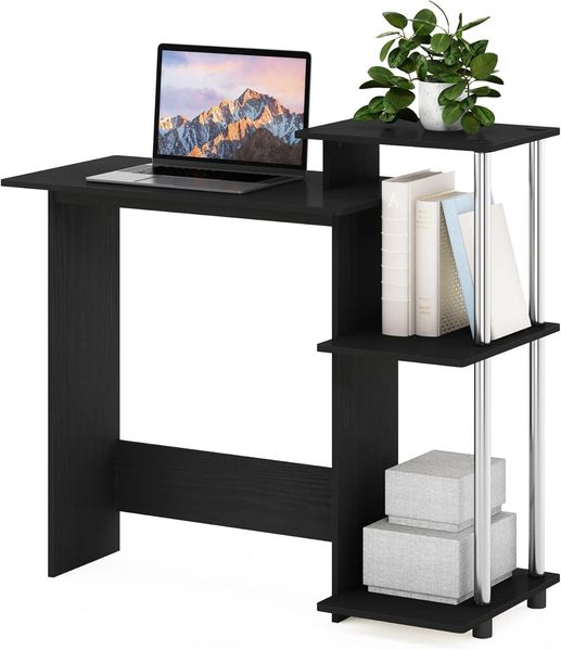 Furinno Efficient Home Laptop Notebook Computertisch mit quadratischen Ablagefächern, Holzwerkstoff, Americano/Chrom, Square Side Shelves