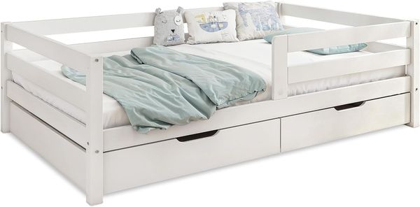 Ehrenkind Kinderbett aus massivem Kiefernholz mit Rausfallschutz in Natur und Weiß (Jugendbett in weiß, Kinder Bett), Kinderbett 120x200 cm