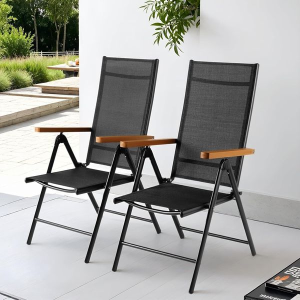 Clevich Gartenstuhl Hochlehner 2er Set, Aluminium Balkonstuhl, Alu Klappstuhl, Klappbar Campingstuhl, Teakbraun WPC Armlehnen, 7-Fach Verstellbar Rückenlehne, Atmungsaktiv & Wetterfest