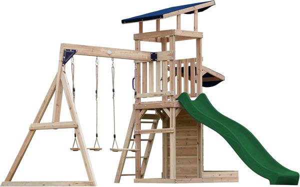 AXI Malik Spielturm aus Holz mit 2 Schaukeln XXL Spielhaus / Spielplatz für Kinder mit Sandkasten, Spielwand & Rutsche in Grün | Braun, Blau | Holz | 336 cm
