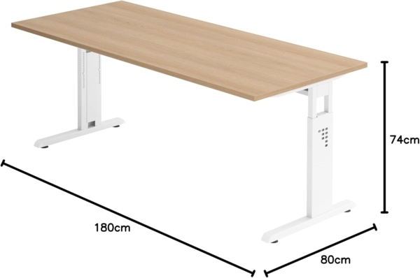 bümö höhenverstellbarer Schreibtisch O-Serie 180x80 cm in Eiche, Gestell in weiß - großer PC Tisch für's Büro manuell höhenverstellbar, Computertisch verstellbar, OS-19-E-W Bild 2