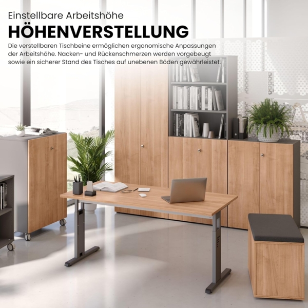 bümö höhenverstellbarer Schreibtisch O-Serie 180x80 cm in Eiche, Gestell in weiß - großer PC Tisch für's Büro manuell höhenverstellbar, Computertisch verstellbar, OS-19-E-W Bild 3