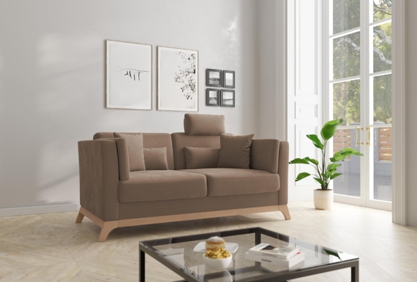 Cavadore 2,5er-Sofa Vida / 2,5-Sitzer Couch im trendigen Design mit massivem Holzrahmen in Buche, Kopfstütze mit Kuschelkissen / 183 x 84 x 93 / Mikrofaser, Hellbraun Bild 2