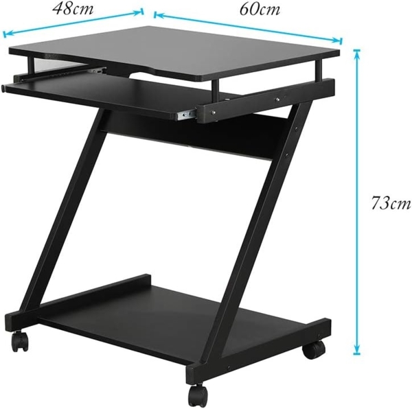 SogesHome Schreibtisch Klein Computertisch mit 4 Rollen 2 Davon mit Bremsen PC-Tisch in Z-Form mit Tastaturauszug für Zuhause und Büro, 60x48 cm Bild 2