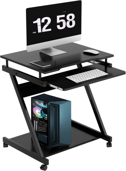 SogesHome Schreibtisch Klein Computertisch mit 4 Rollen 2 Davon mit Bremsen PC-Tisch in Z-Form mit Tastaturauszug für Zuhause und Büro, 60x48 cm Bild 7