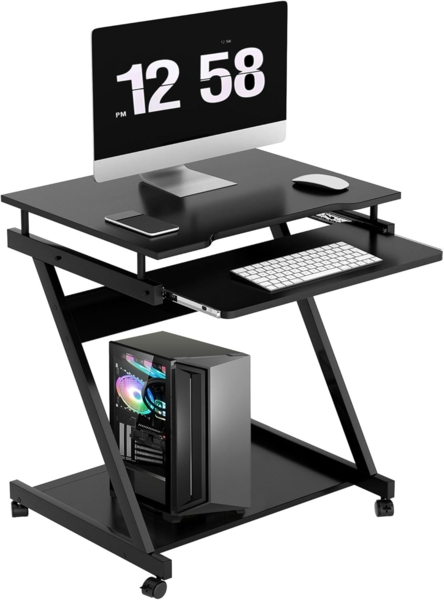 SogesHome Schreibtisch Klein Computertisch mit 4 Rollen 2 Davon mit Bremsen PC-Tisch in Z-Form mit Tastaturauszug für Zuhause und Büro, 60x48 cm Bild 1