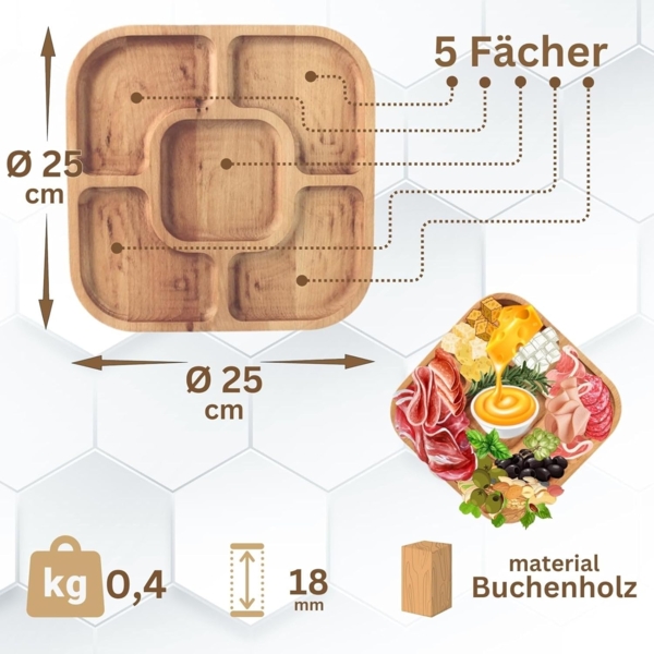 25x25cm Servierplatte aus natürlichem Holz mit 5 geteilten Fächern, Servierteller von Vorspeisen, Käse und Snacks, Holzplatte Cheeseboard für Fleisch und Käse, Käseplatte, Cheese Board Bild 2