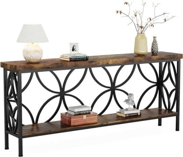 LITTLE TREE Sofatisch, 160 cm großer Industrie-Couchtisch hinter dem Sofatisch mit Aufbewahrungsregalen, schmaler Langer Konsolentisch für den Eingangsbereich, Wohnzimmer, Foyer, Flur, Büro