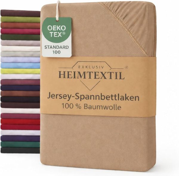 EXKLUSIV HEIMTEXTIL Marke Jersey Spannbettlaken 180 x 200 cm Sand 100% Baumwolle Öko - Tex Zertifiziert Bed-Sheet Bettlaken Spannbetttuch Topper Leinentuch