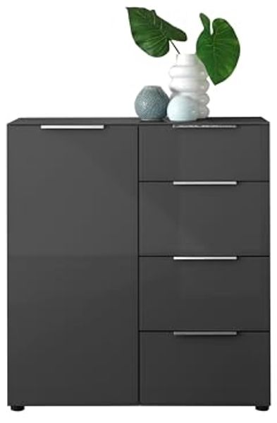 Stella Trading Kommode SANTORIN Anthrazit mit Glasfront, 90 x 99 x 40 cm (B/H/T), Holzwerkstoff