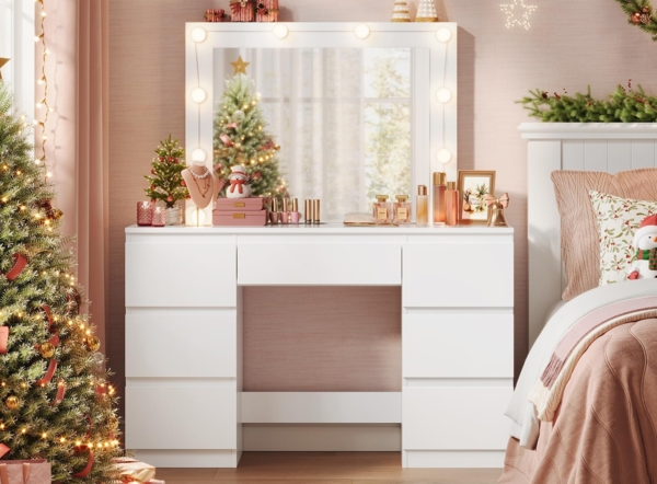 WOLTU Schminktisch mit LED-Beleuchtung, einstellbare Helligkeit, Kosmetiktisch mit großem Spiegel, Frisiertisch mit 7 Schubladen, 110 x 140,5 x 39,5 cm, Kommode Schlafzimmer Weiß, MB6099ws