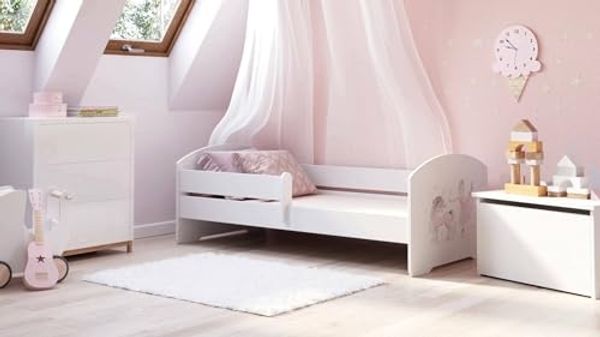 Dmora - Kinderbett Wroclaw, Kinderbett für Schlafzimmer, Einzelbett mit Kommoden, Struktur mit ausziehbarem Bett, 77x144 h56 cm, Weiß mit Einhorn