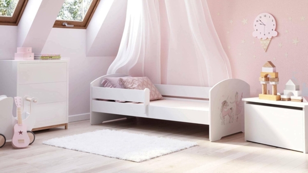 Dmora - Kinderbett Wroclaw, Kinderbett für Schlafzimmer, Einzelbett mit Kommoden, Struktur mit ausziehbarem Bett, 77x144 h56 cm, Weiß mit Einhorn