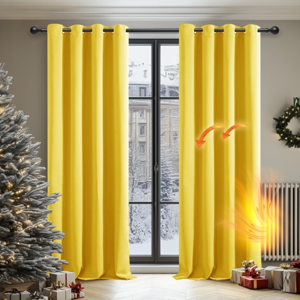 Deconovo Verdunkelungsgardinen mit Kälteschutz Vorhang Blickdicht Kälteschutzvorhang Blickdicht, 245x140 cm(HöhexBreite), Senfgelb, 2er Set