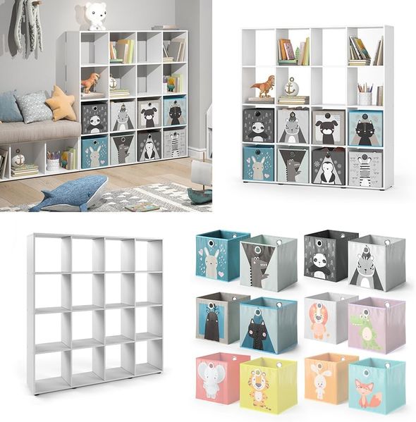 Kinderregal Karree Weiß 138.5 x 142.5 cm mit 8 Faltboxen Vicco Bild 8