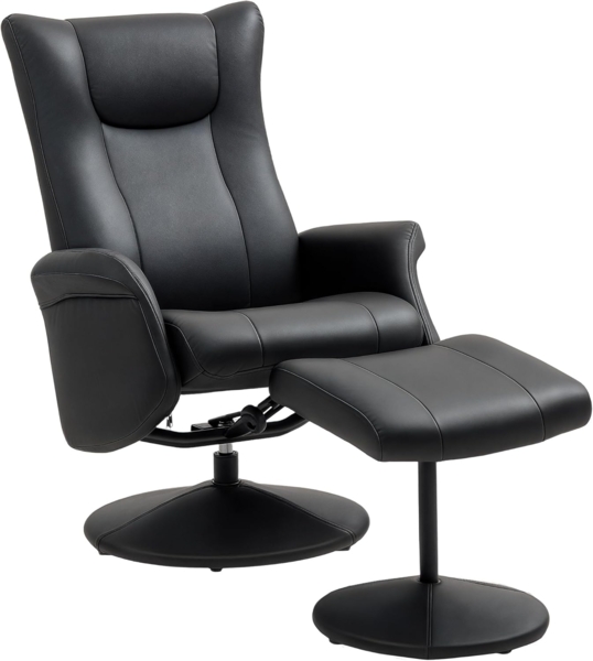 HOMCOM Relaxsessel mit Hocker 360°Drehbar TV-Sessel mit Liegefunktion (Fernsehsessel, 1-St, Ruhesessel mit Verstellbar Rückenlehne), bis 150 kg belastbar für Wohnzimmer Kunstleder, Schwarz