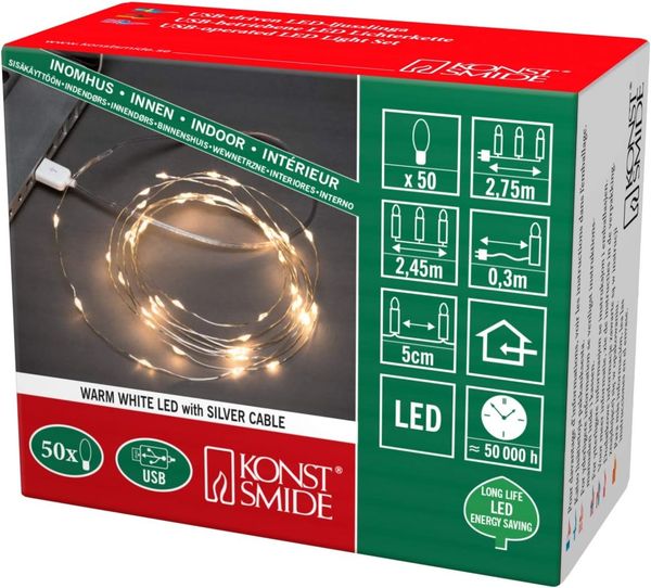 Konstsmide 1770-190 LED Micro Lichterkette mit USB-Anschluß 50 warm weiße Dioden