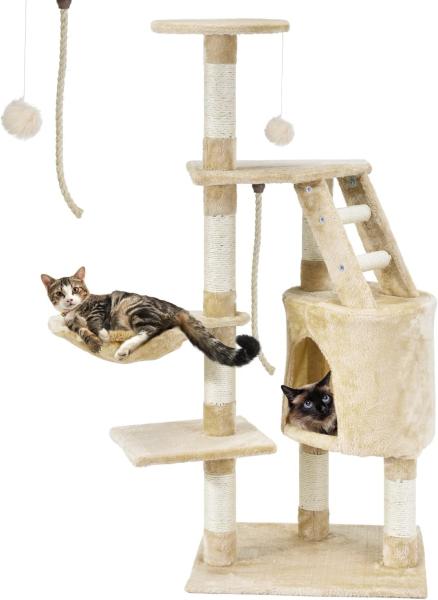 Juskys Kratzbaum Buffy 118 cm hoch mit Sisal Stämmen, Höhle, Liegemulde, Liegeflächen & Leiter - Katzenbaum Katzenkratzbaum Katzen - beige