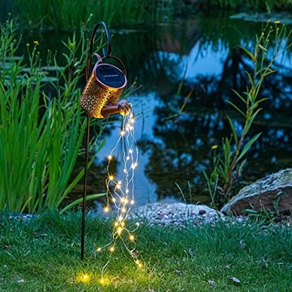 Haushalt International LED Solarleuchte Solar-Gartenstecker Gießkanne Lichterkette Solarbeleuchtung, flackernde LED simuliert fließendes Wasser, LED fest integriert, warmweiß, Lichtstränge mit insgesamt 40 warmweißen LEDs