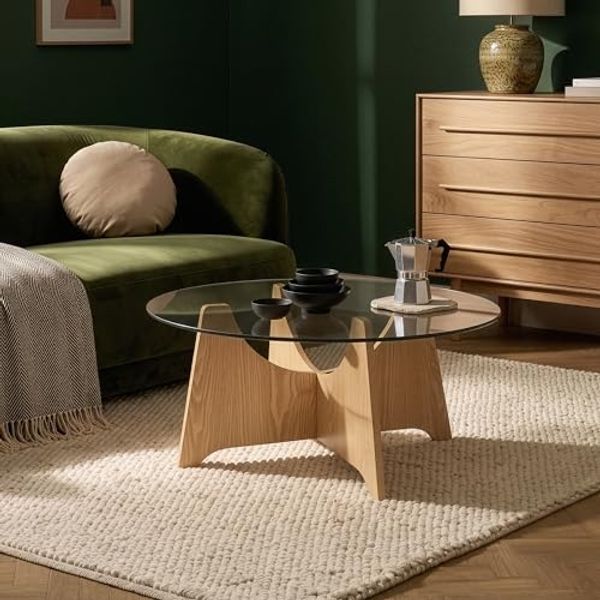 en. casa Couchtisch, »Omlar« mit Glasplatte rund Ø70x35 cm Eicheoptik / Rauchgrau