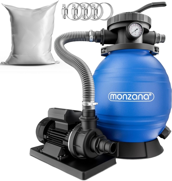 MONZANA® Sandfilteranlage SF12K 10.200L/h bis 35.000L Pool inkl Filterglas 7 Wege Ventil 2in1 Adapter Ø32-38mm 450W Filteranlage Pumpe Filterkessel