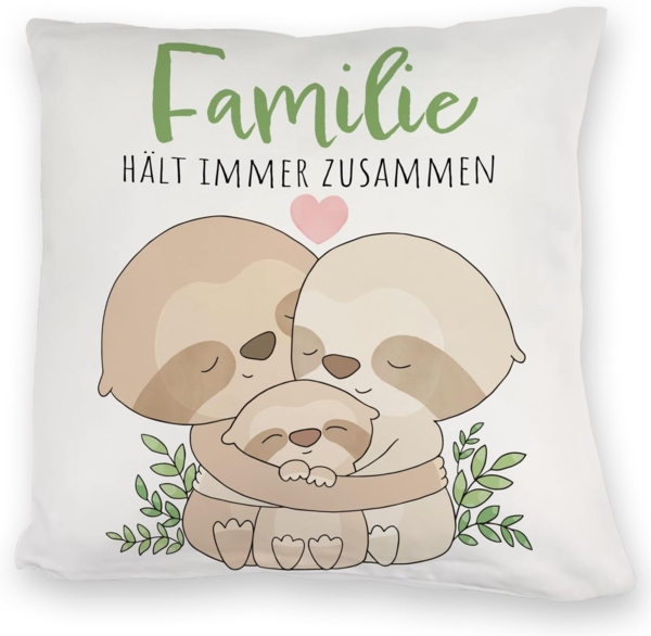 speecheese Dekokissen Faultier Kuschelkissen mit Spruch Familie hält immer zusammen
