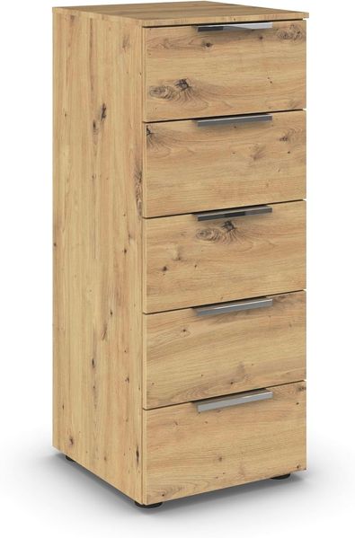 Rauch Möbel Flipp, schmale Hochkommode mit viel Stauraum für Flur, Wohnzimmer, Schlafzimmer, Eiche Artisan, 5 Schubkästen, Griffe chrom, 40 x 100 x 42 cm