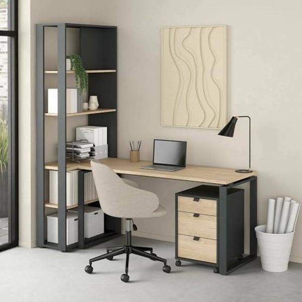 Dmora - Schreibtisch Severine, Mehrzweckschreibtisch, Bürotisch für PC, Eckschreibtisch, 184x80 h205 cm, Eiche und Grau