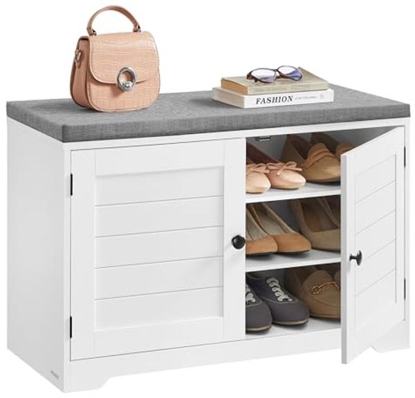 VASAGLE Schuhbank, 3 Ebenen, Sitzbank mit Stauraum, Türen und Sitzkissen, Schuhregal mit höhenverstellbaren Ablagen, 35,5 x 81 x 52,5 cm, für Flur Schlafzimmer, wolkenweiß-Taubengrau LSB034W01