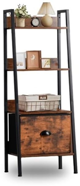 FurnitureR Regal, 4 Ebenen, Bücherregal, Aufbewahrung mit Schubladen aus Vlies, für Wohnzimmer, Schlafzimmer, Büro, Gartenregal, Höhe 110 cm, industrieller Stil, rustikales Braun
