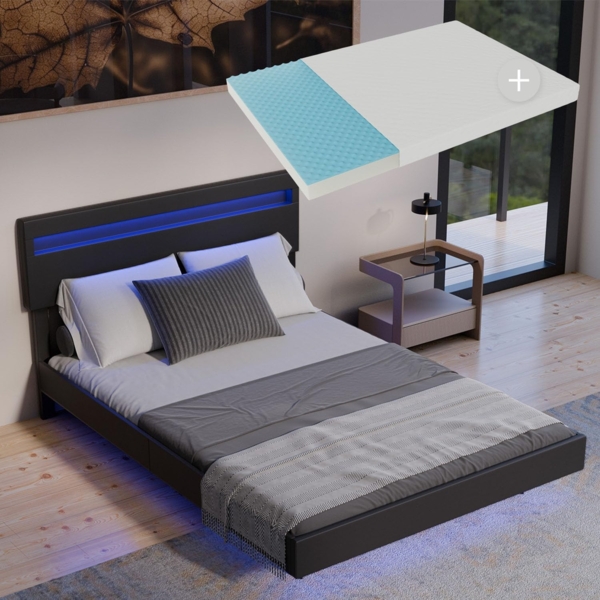 Juskys Schwebebett Lissabon 140 x 200 cm - Bett mit Matratze, Schwebendes Design & LED-Beleuchtung, Kunstleder, Höhenverstellbare Rückenlehne - schwarz