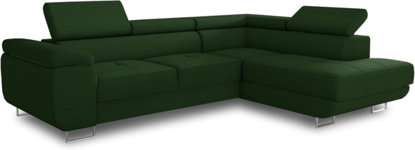 Ecksofa Caris mit Schlaffunktion und einstellbare Kopfstützen, Cord Stoff, Wohnlandschaft mit Bettkasten, Couch, Sofa, Bettsofa (Grün (Poso 014), Ecksofa Rechts)