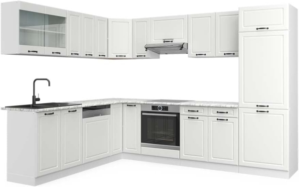 Eckküche R-Line Weiß Landhaus/Weiß 287 x 60 cm , AP Marmor Vicco