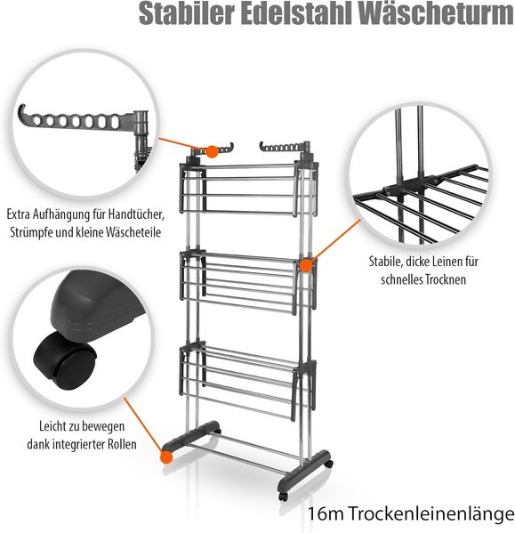 BigDean Wäscheständer Turm 16m Trockenlänge mit 3 Ebenen und 4 Rollen in Grau - Wäscheständer platzsparend für innen & außen Bild 2