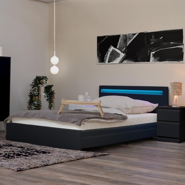 HOME DELUXE LED Bett mit Schubladen und Matratze NUBE - 140 x 200 cm Dunkelgrau